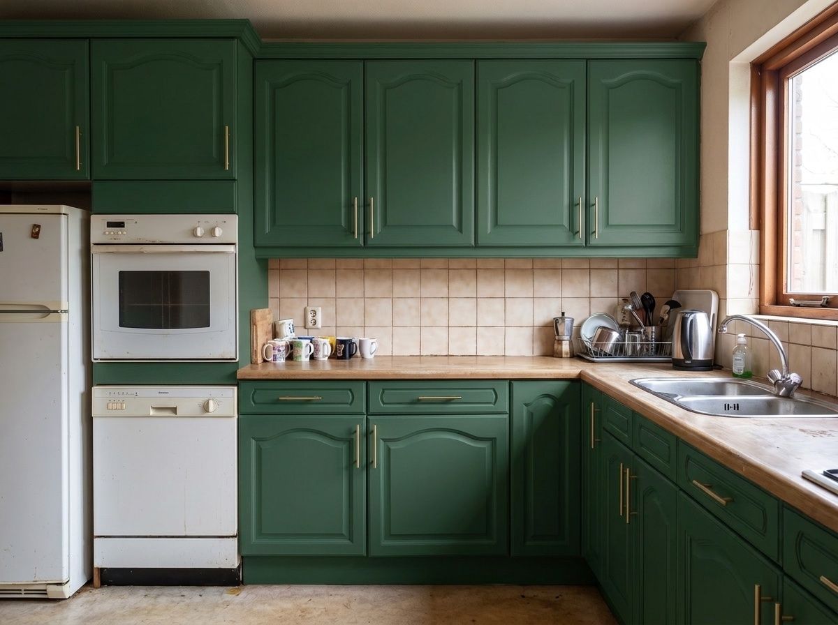 Dezelfde keuken na het wrappen in mat dennengroen