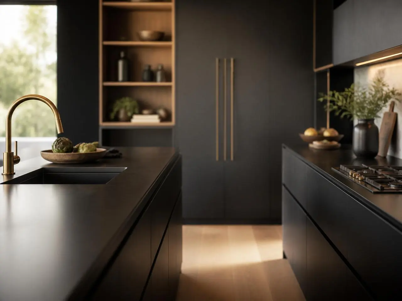 Detail van een gewrapte keuken in mat zwart met messing accenten
